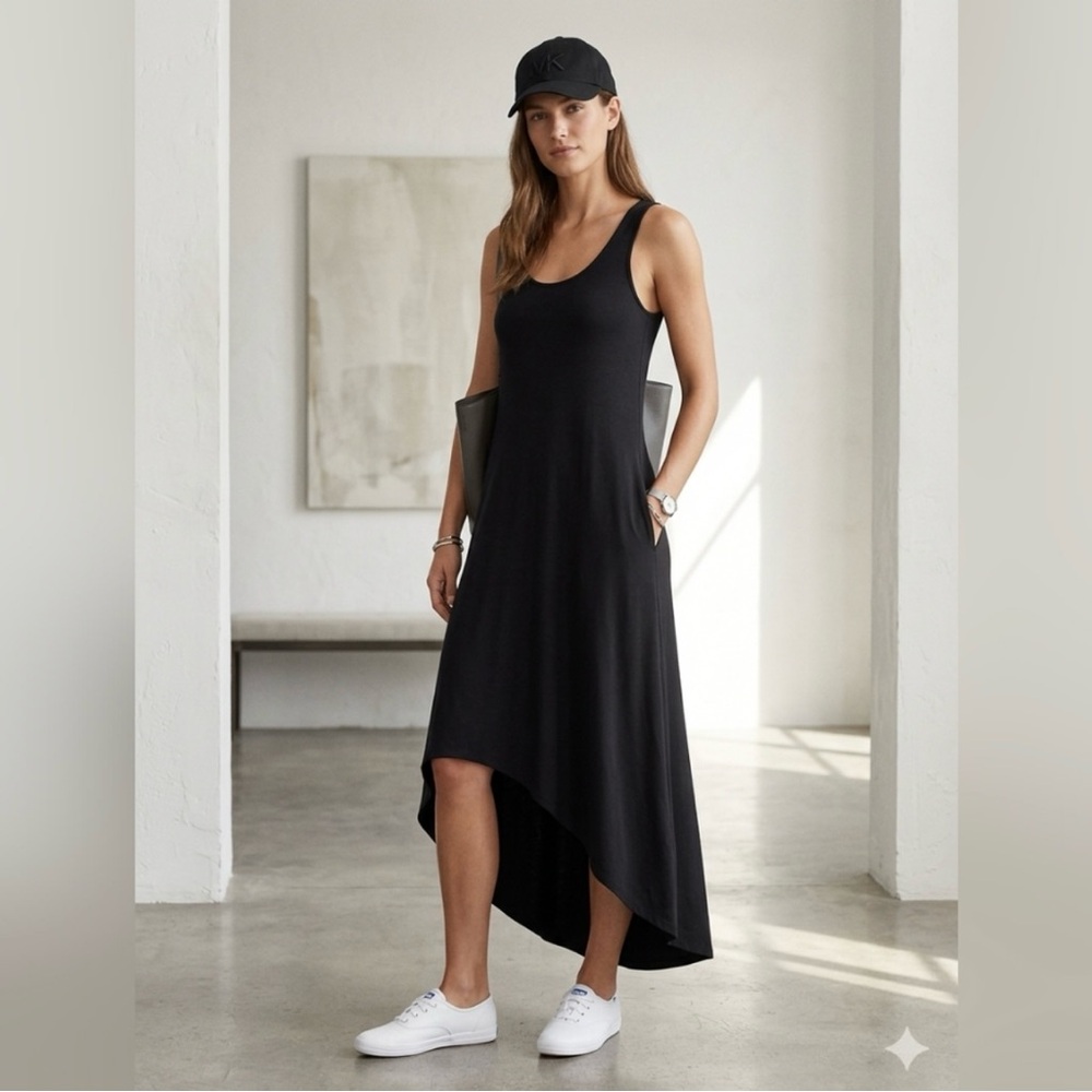 Michael Kors Midi Tank Dress Asymmetrical Hi-Low Hem Charcoal Black Gray Size S